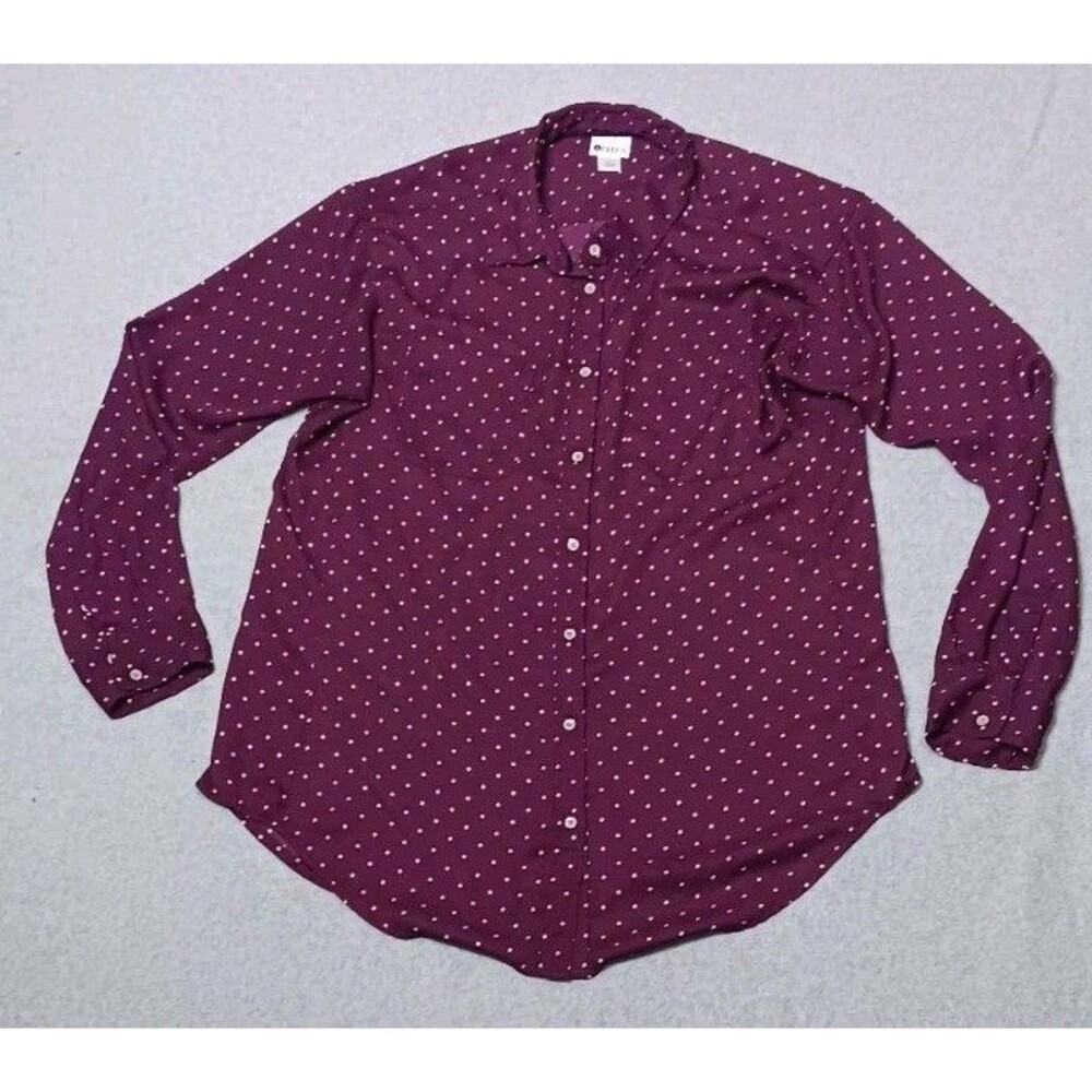 Stylus Long Sleeve Button Up Womens L Burgundy Poka Dots Academia Preppy Career